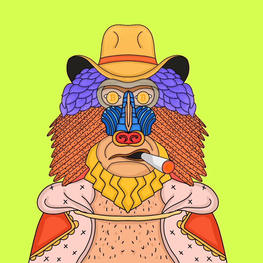 A Mandrill Street NFT — cowboy hat, bitcoin-eyed glasses, cigarette, red robe, green background